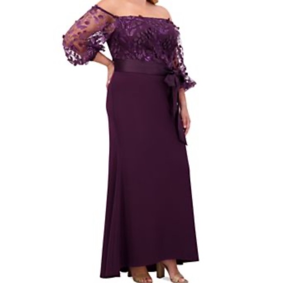 Eliza J Purple Sheer Floral Lace Sleeves Off Shoulder A Line Evening Dress 16W - Picture 1 of 14